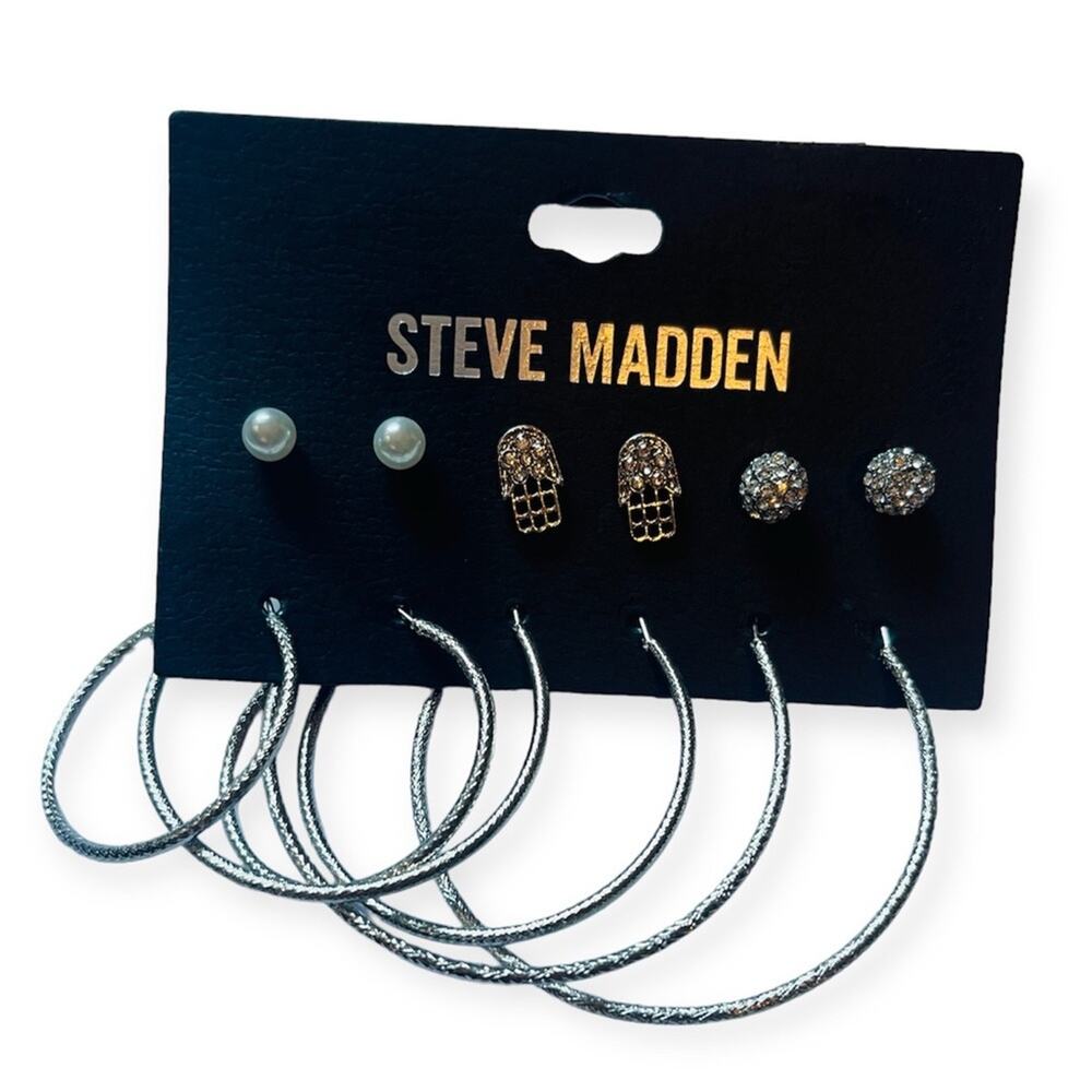STEVE MADDEN Silver Tone Hoop and Studs Earrings 6 Sets Hamsa Rhinestone NEW